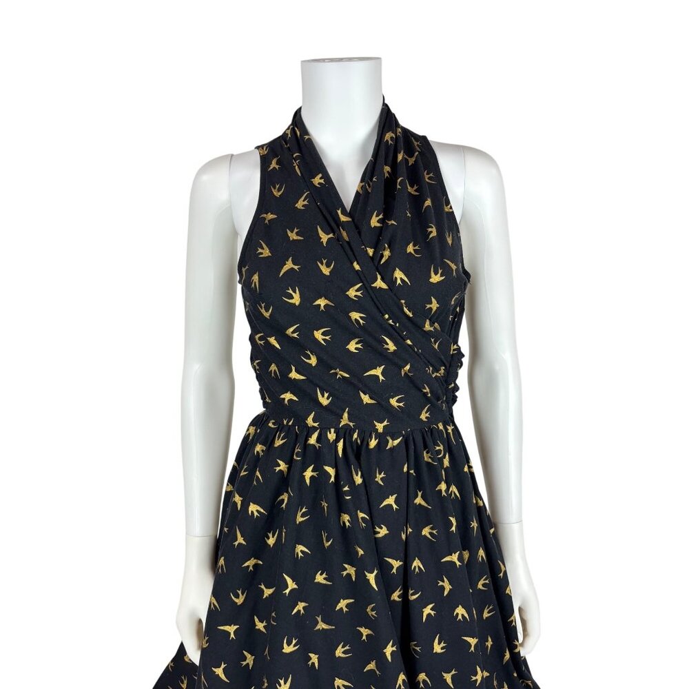 Dollz & Dames Halter Dress Small Gold Sparrow Bird Print Black Pin Up Sundress - Picture 4 of 15